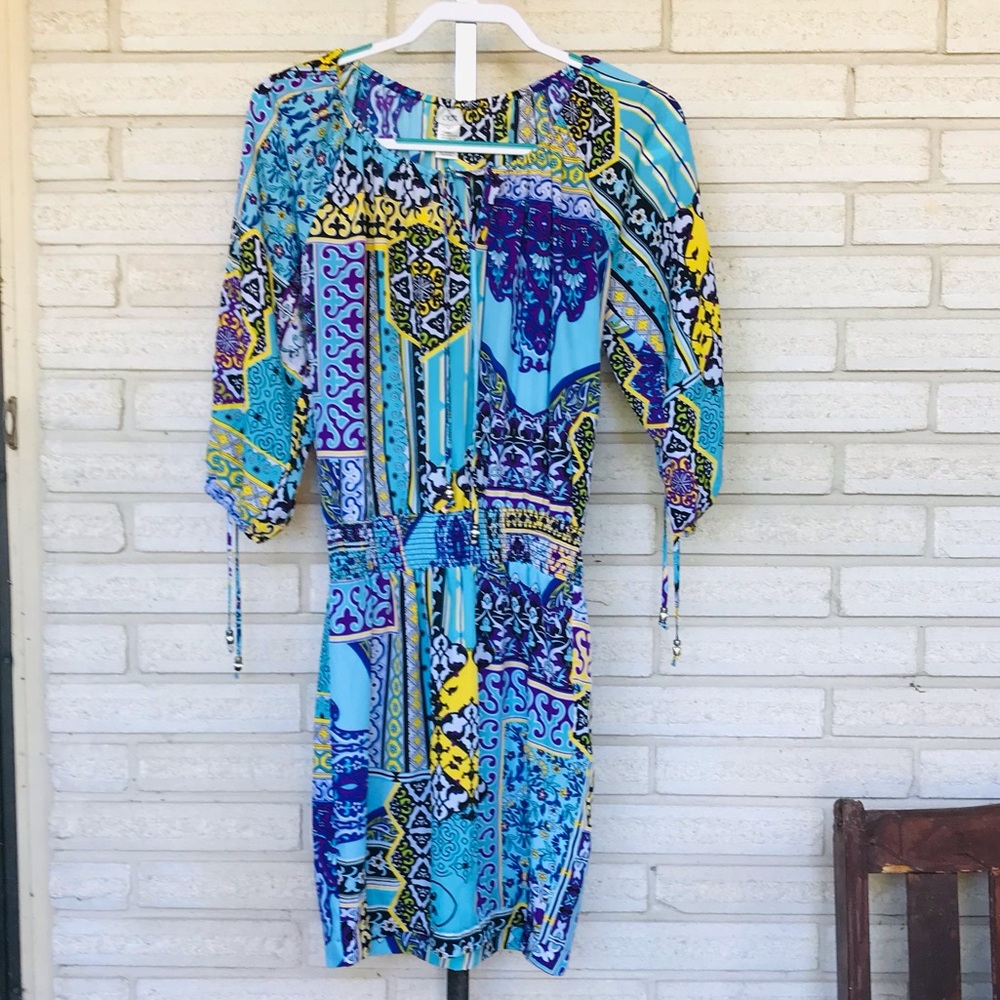Cache Blue and Yellow Patterned Midi Dress
